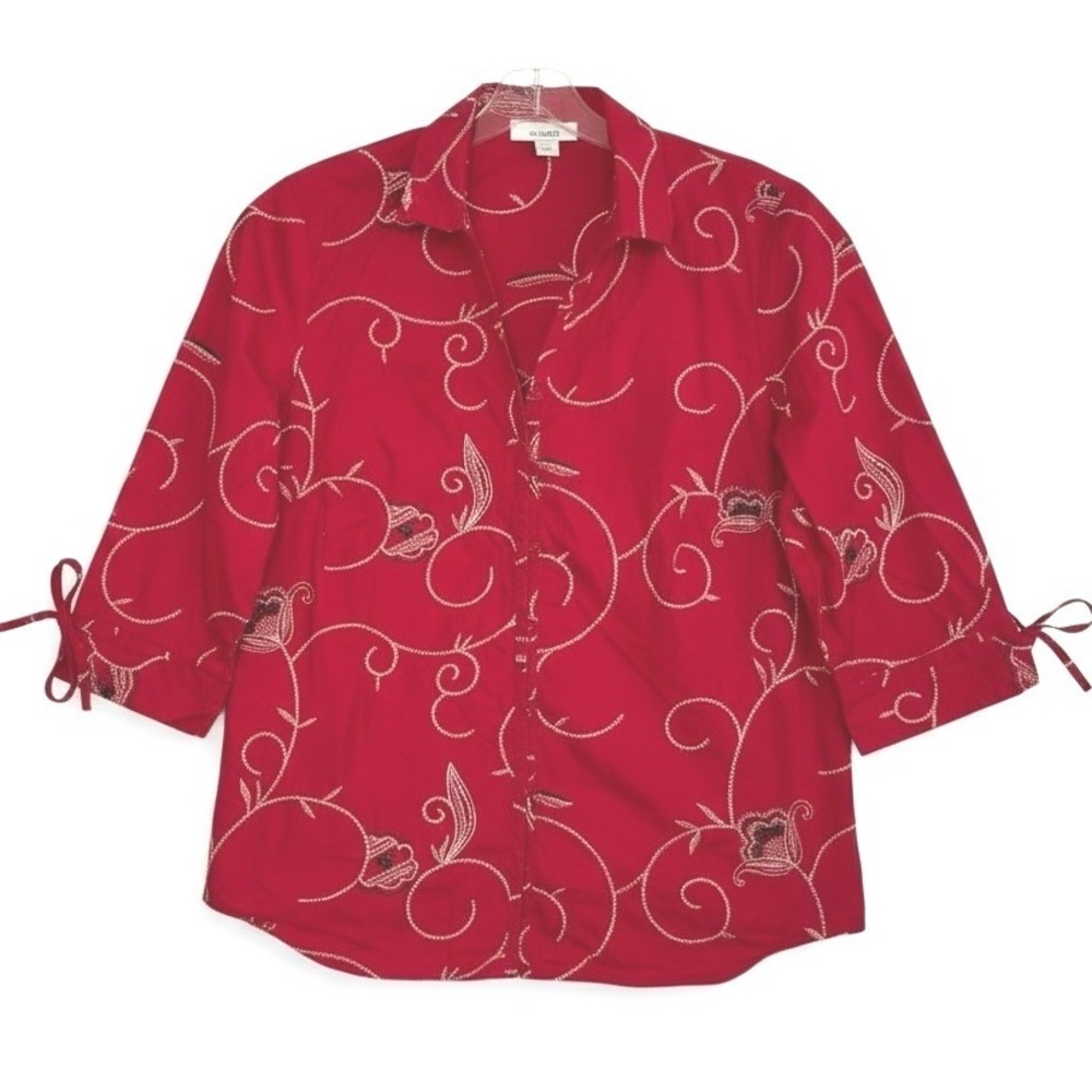 Dressbarn Woman Blouse‎ 1X Red Embroidered Button Up 3/4 Tie Sleeve Coastal Chic